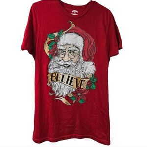 Men's Christmas Shirt Red Graphic Print Holiday Tee Believe Santa Claus Festive
